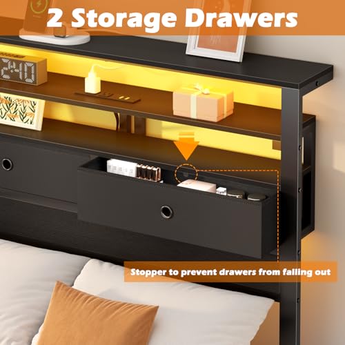 Image of Furnulem Twin Bed Frames with Charging Station and LED Lights, Wood Headboard with 2 Fabric Drawers and Storage Shelves, Twin Size Platform Bed with Metal Slats, No Box Spring Needed, Black Oak