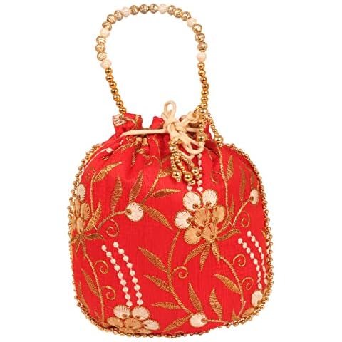 Indtresor beaded handcrafted embroidered evening purse drawstring handbag vintage party wedding gift for women. Red Gold Cover