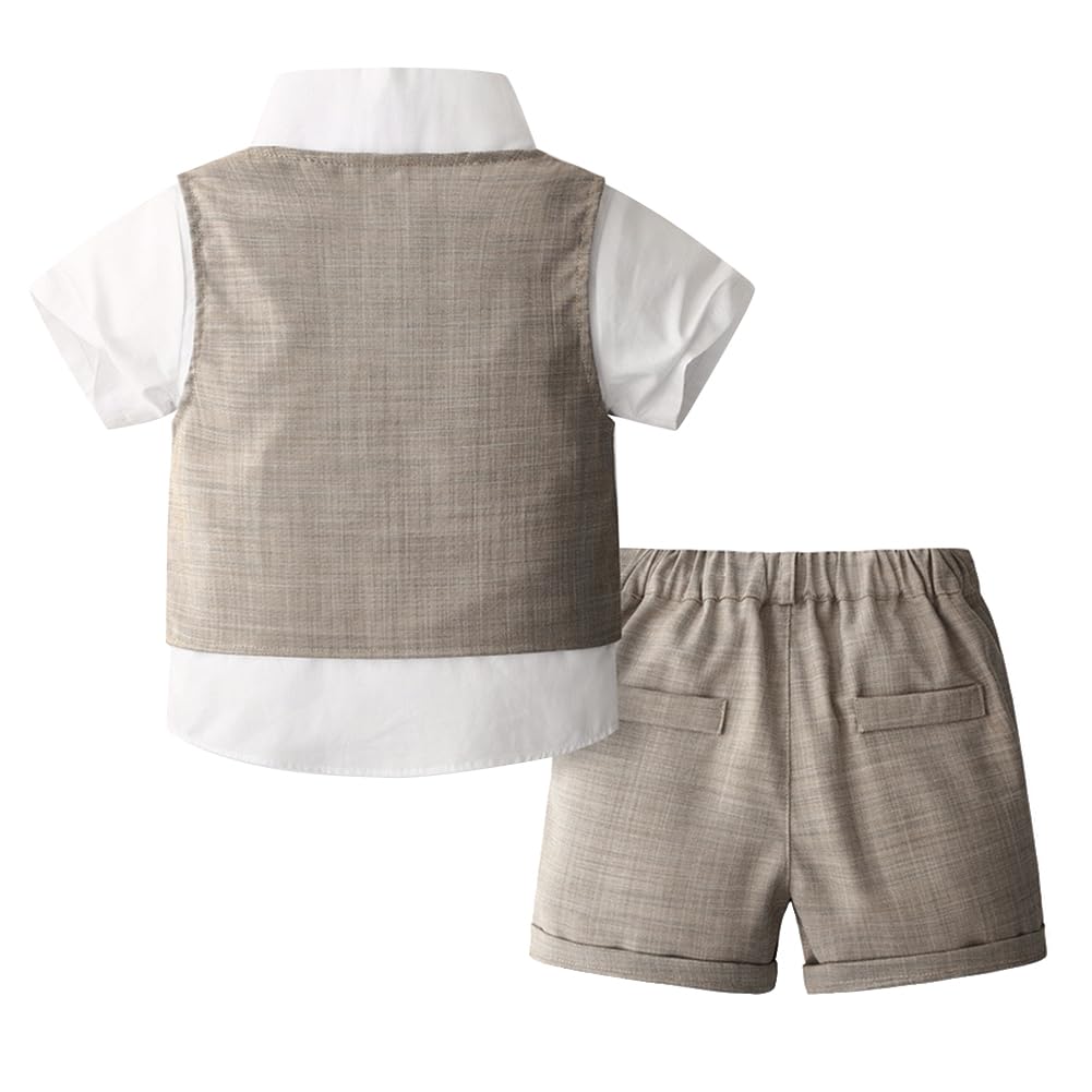 ODASDO Baby Boy Gentleman Formal Suit Christening Baptism Outfit Toddler Kids Wedding Tuxedo Evening Set Bowtie Shirt Waistcoat Shorts Church Blessing Birthday Cake Smash Photoshoot Khaki 2-3 Years