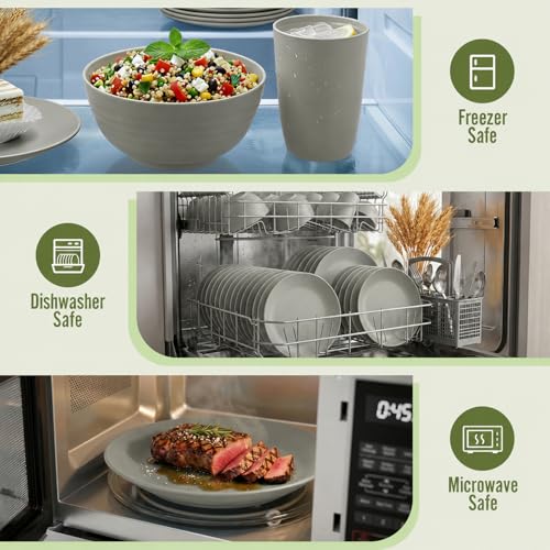 Image of Unbreakable Wheat Straw Dinnerware Set 40 PCS - Wheat Straw Plates and Bowls Sets With Cups for 8 Dishwasher & Microwave Safe Lightweight Dish Set for Party Camping Kitchen - Grey