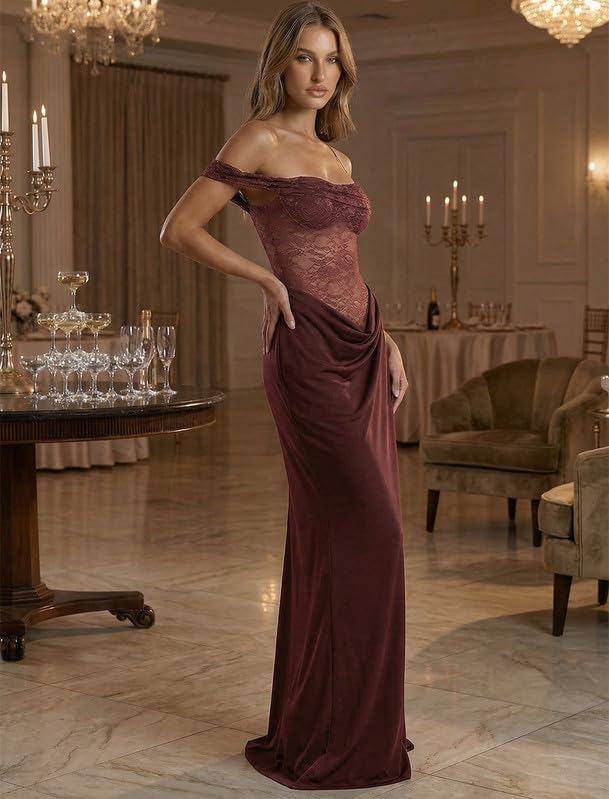 Vestito Donna Elegante Monospalla Spaghetti Strap Abito Lungo in Pizzo Floreale Aderente Vestiti Senza Maniche Sexy Maxi Abiti con Alto Spaccato Laterale Bodycon Abito da Discoteca Festa Sera
