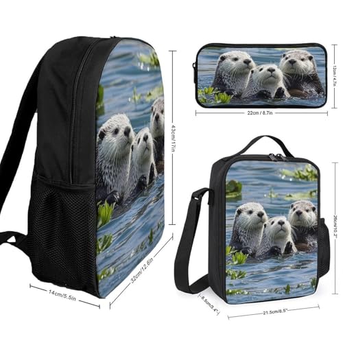 3 Piece Backpack for Women Men Lightweight Causal Daypack Shoulder Bag Set with Insulated Lunch Bag And Pencil Case Organizers Lovely Sea Otter2