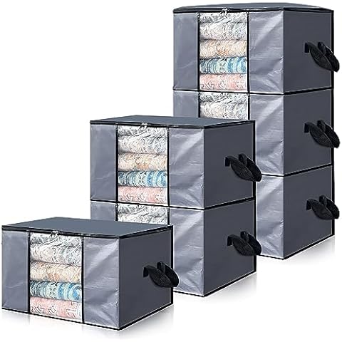 Cosy Family 90L Durable Storage Clothing Bags - Storage Containers Clothes Organizer with Reinforced Handle Sturdy Woven Fabric for Blankets, Bedding, Collapsible with Zipper, 6 Pack, Grey Cover
