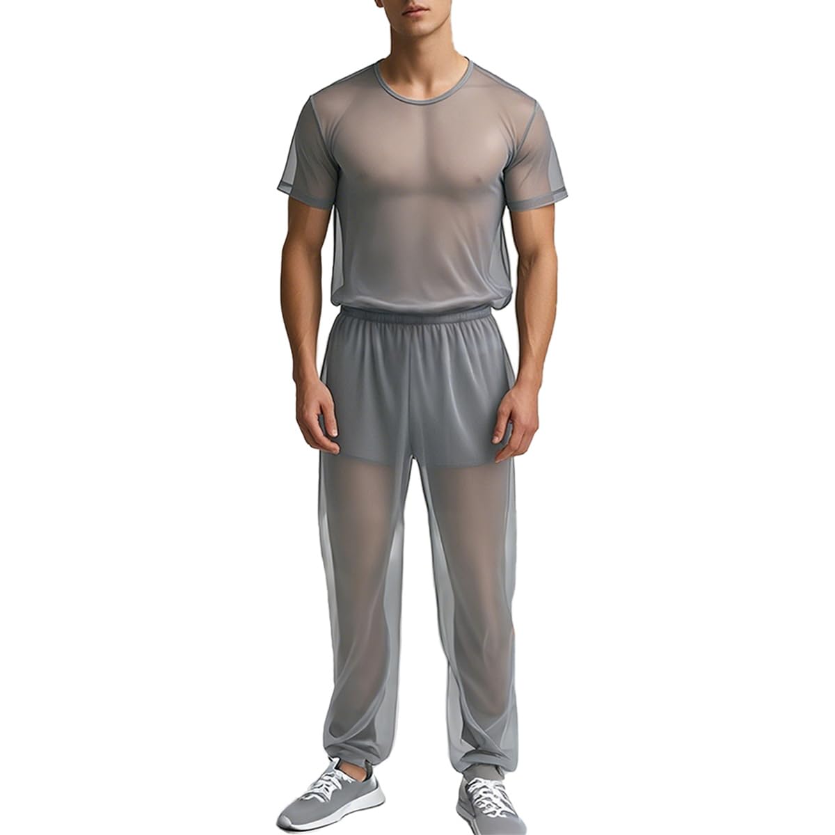 ZAIGELUO Herren Transparent Pajamas Sets Männer Durchsichtiges Sexy Mesh Lässig T Shirt Lounge Hosen Nachtwäsche