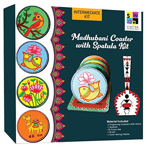 Image of Madhubani Art Kit,Pre Marked Tea Coaster with Spatula for Painting,Birthday Gifts for Girls 9-12, Art kit for Adults,Coaster with Spatula Kit - 07