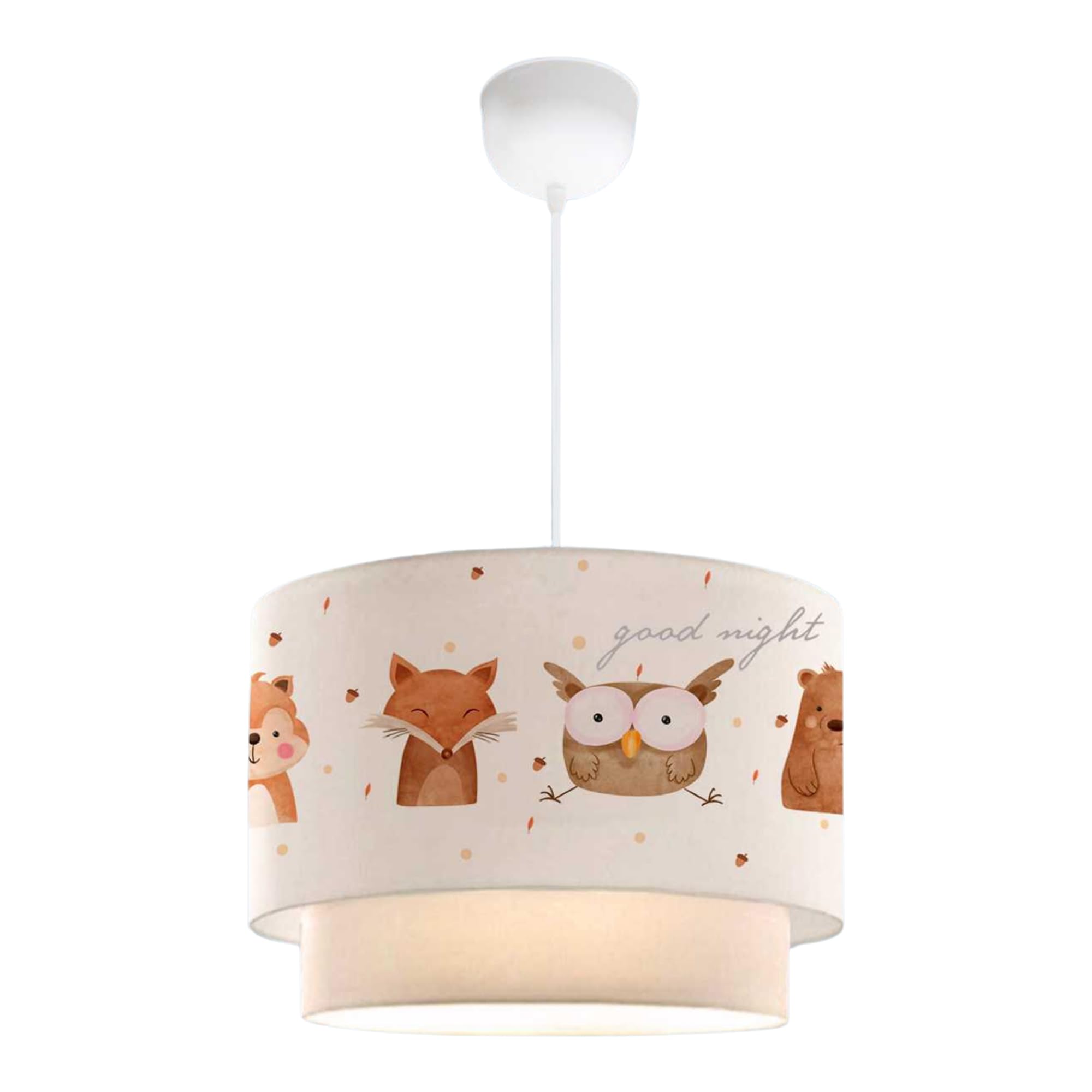 lux.pro Lampada a Sospensione per Cameretta Lampadario per Bambini Lampada da Soffitto con Doppio Paralume Cilindrico Decorato con Animali della Foresta - Bianco