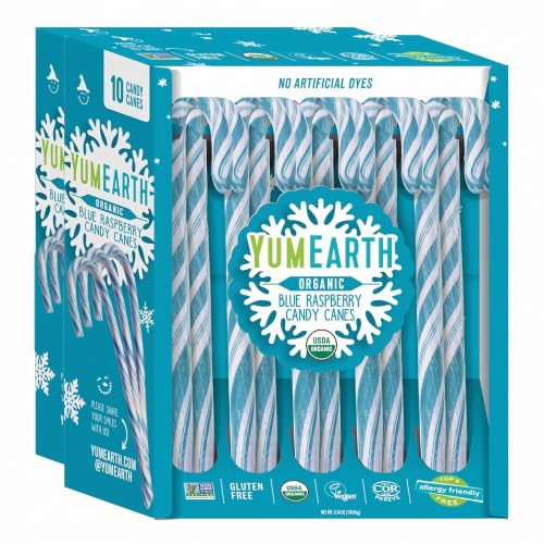 YumEarth Organic Candy Canes - Individually Wrapped Full Size Blue Raspberry Candy Canes - Dye Free, Allergy Friendly, Non GMO, Gluten Free, Vegan - 10 Count (Pack of 2)