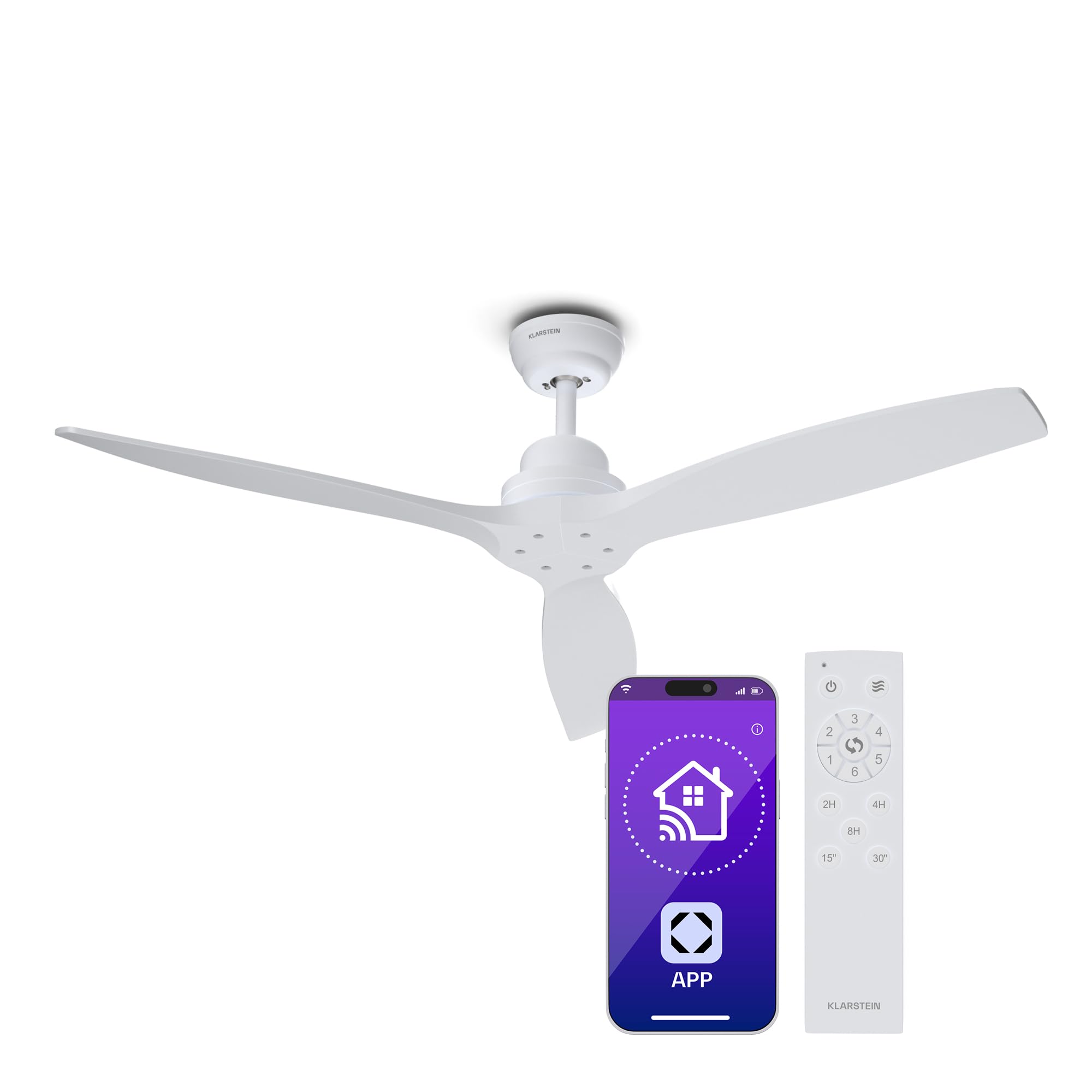 Klarstein Santa Elena Deckenventilator – Smart App & Fernbedienung, 6 Geschwindigkeiten, 132 cm, Leiser Betrieb, Sommer & Winter Modus, 10260 m³/h, Modernes Design, Weiß