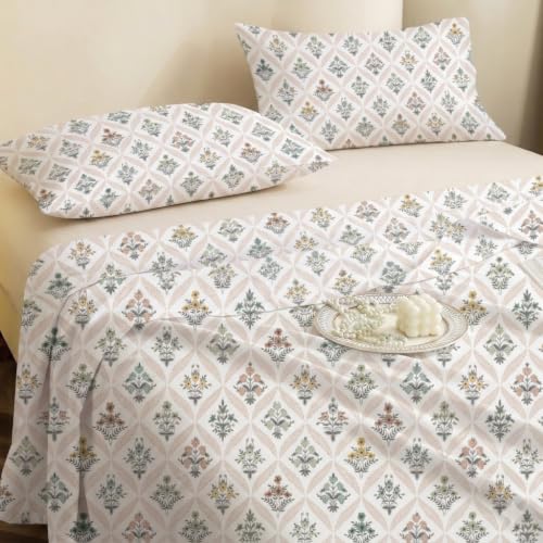 Image of IVAZA 240 TC Soft Ezyption Cotton Floral Print King Size Bedsheet - with 2 Pillow Covers, Hypoallergenic, Brethable, (Size- 90 x 90 Inch) Sage Green