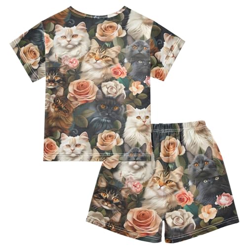 ALAZA Beautiful Cat Rose Pajamas Short Sleeve 2 Piece Sleepwear Top and Bottom Pajama Set Unisex2