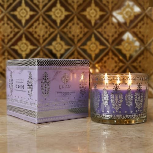 Image of EKAM 2025-26 Festive Fragrance Gift| Scented 3 Wick Candle| Lavender | Inspired by Sheesh Mahal | 28-Hour Burn | Essential Oil Infused | Gift Box for Festive Celebrations, Weddings, Giveaways, etc.