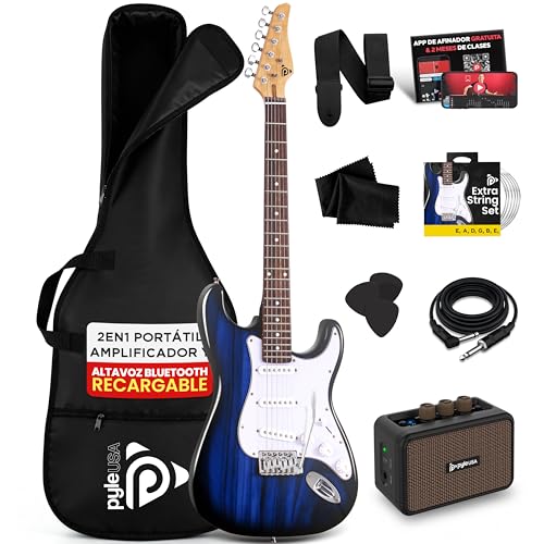Pyle kit guitarra electrica con amplificador bluetooth portatil, Tamaño completo, Pastillas Humbucker estilo ST, Accesorios incluidos: esctuche, Correa, Cuerdas, Puas, Paño de Limpieza