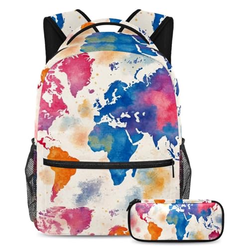 Sac à dos aquarelle carte du monde avec trousse pour organiser les cours des ados