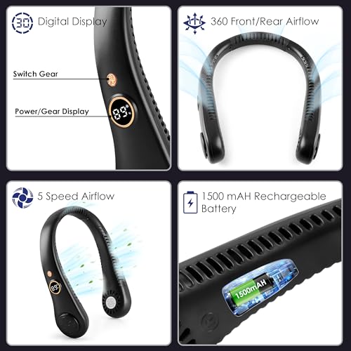 Image of Gesto Portable Neck Fan Rechargeable - Hands-Free Neck Fan for Summer With 1500 mAh Battery & Display | 5-Speed 360 Airflow, USB Charging Personal Fan for Home, Kitchen, Gym, Travel, Running -Black