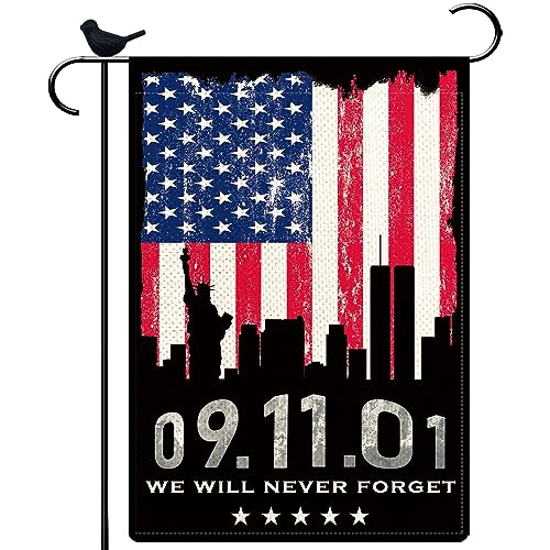 We Will Never Forget 2001 September 11Th Garden Flag 12 x 18 Inch Burlap Vertical Double Sided 22th Anniversary Memorial Flag for Outdoor House Porch Welcome Holiday Decoration