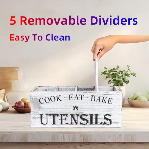 Utensil Holder,Extra Large Wooden Utensil Holder For Kitchen Counter,Cooking Spatula Organizer,Big Storage Caddy With 4 Compartments Flatware Spoon Tool Cutlery(Retro White)