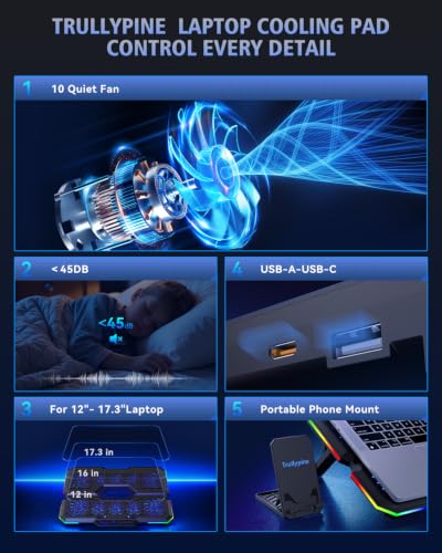 Trullypine Base refrigerante para portátil 10Fan-LCD, 10 ventiladores, 7 alturas ajustables, RGB y USB-C miniatura 6