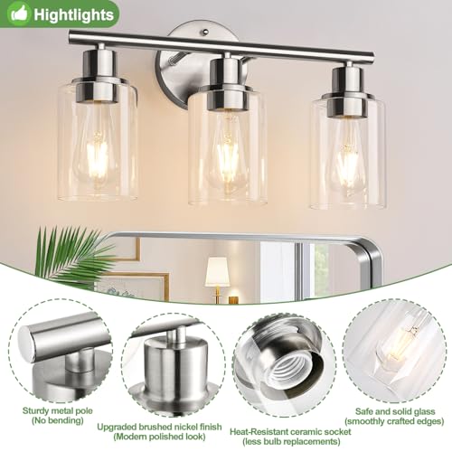 3-Light Bathroom Light Fixtures, Brushed Nickel Vanity Light, Farmhouse Wall Lights with Clear Glass Shade, Bathroom Wall Lamp for Mirror Kitchen Bedroom Hallway Living Room Hallway Cabinet