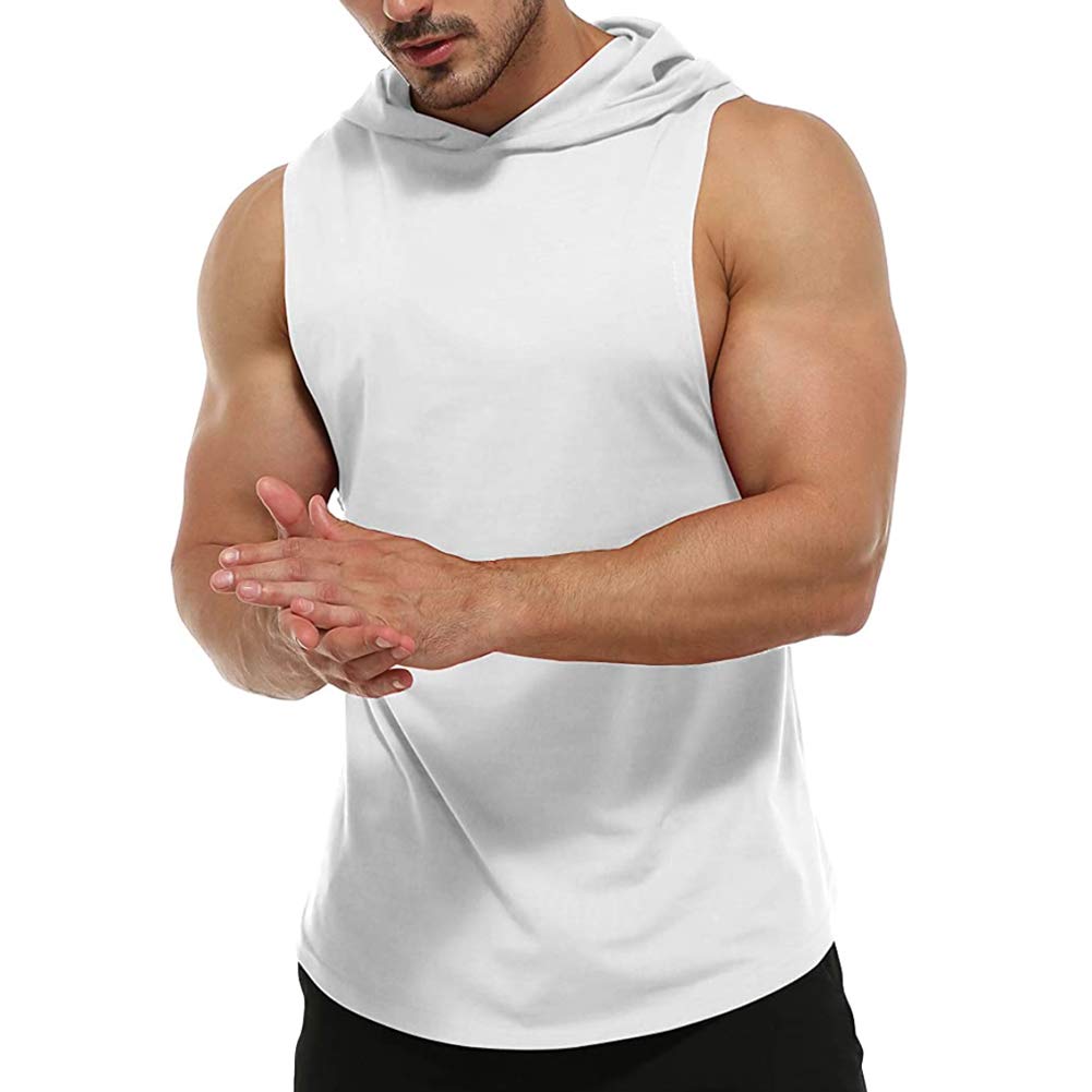 Men's Workout Sleeveless Hoodies Athletic Training Cotton Gym Hooded Tank Tops Sports Bodybuilding Fitness Muscle T Shirts White 2XL