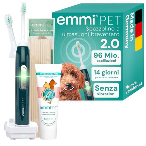 emmi-pet 2.0 Kit Base di Igiene Dentale per Cani e Gatti | Spazzolino a Ultrasuoni Silenzioso | Rimuove Placca, Biofilm e Tartaro | Riduce Gengiviti e Alito Cattivo | Con Accessori Completi