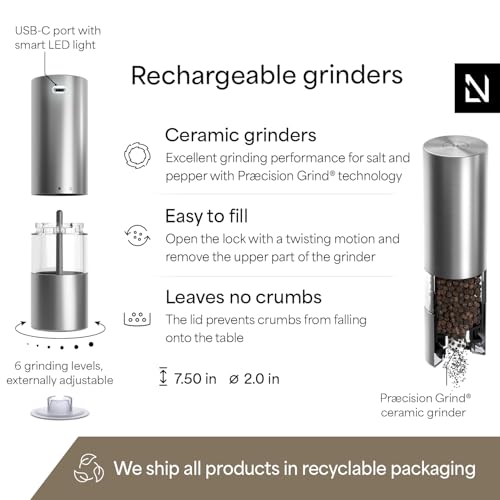 Image of LARS NYSOM Electric Salt and Pepper Grinder Set I Automatic Salt and Pepper Mills with Adjustable Ceramic Grinder I USB Rechargeable Electric Spice Mill Set with LED Light (Stainless Steel)