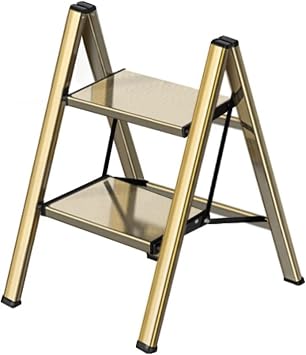 HYO&ZOY Step Ladder 2 Step Sturdy Aluminum Alloy Ladder with Non-Slip Pedal Step Stool for Adults Multi-use Step Ladder Flower Stand Shelf Folding Ladder for Household Kitchen Office Color Gold