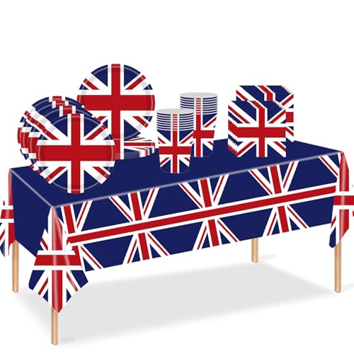 53pcs Union Jack Tableware Paper Cups 7inch Plates Napkins Great British Table Cloth Party Table Decorations Set Union Jack UK Tablecover Plates Cups Paper Napkins Dinnerware Sport Event Game Street