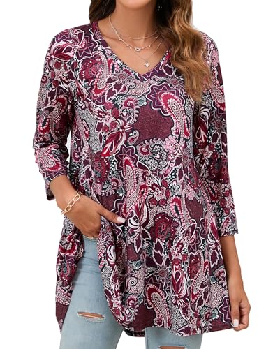 Enmain Tunika Damen Rosa 3/4 Ärmel Langarm Blusen Tuniken Für Damen Große Größen V Ausschnitt Paisley Elegant Festliche Longshirt Longbluse...