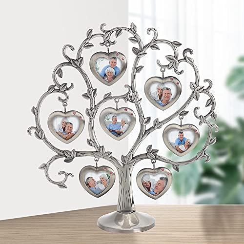 LASODY Antique Silver Family Tree With 7 Hanging Picture Frames Metal Tabletop Photo Frame Home Decoration Ornaments