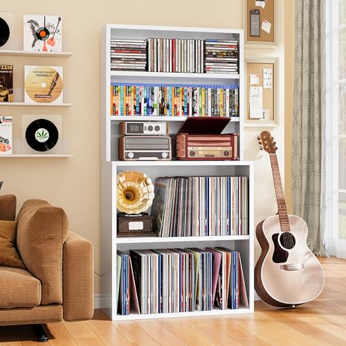 Image of DVD Storage Cabinet, Record Player Stand, White | Heavy-Duty Metal, Media Storage Shelf, Open Display Shelves for LPs, CDs, Books & Audio Equipment, Modern DVD Shelf Organizer