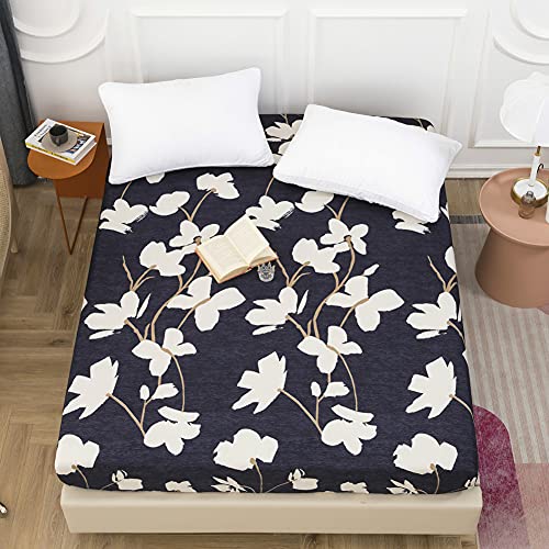 Drucken Spannbetttuch, Chickwin 100% Polyester Boxspringbett, Weiche Spannbettlaken Matratzenschoner für Bettw Sche, Steghöhe bis 25cm -Kissenbezug Nicht enthalten (weiße Blumen,220x200x25cm) Cover