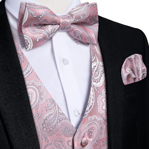 Image of DiBanGu Mens Paisley Suit Waistcoat,Silk Dress Vest and Bowtie Pocket Square Cufflinks with Lapel Pin Set for Wedding Tuxedo, Blush Pink, 3X-Large