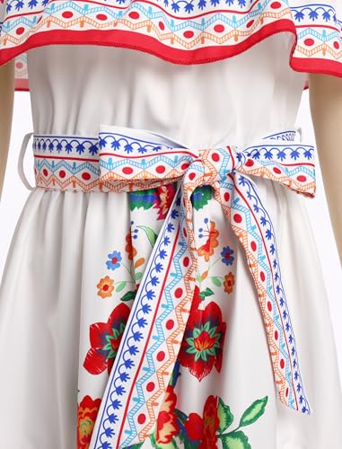 Mexican Dress for Girls Mexican Traditional Folk Floral Print Drape Dress with Flounce Belt Cinco De Mayo Fiesta4