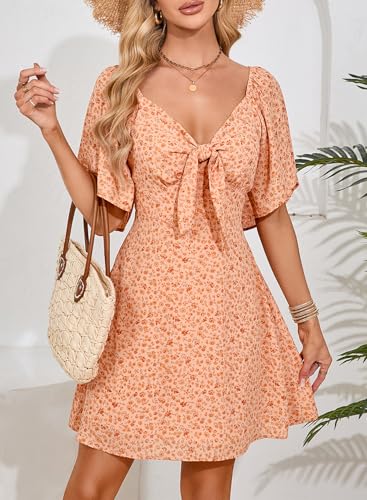 Image of Dokotoo Womens Dresses 2026 Deep V Neck Elegant Bow tie Mini Dress S-XL | Short Sleeve,V Neck,Graduation Party Dress,Elegant,Cocktail,Flowy Beach Vacation Wear,Casual Dress