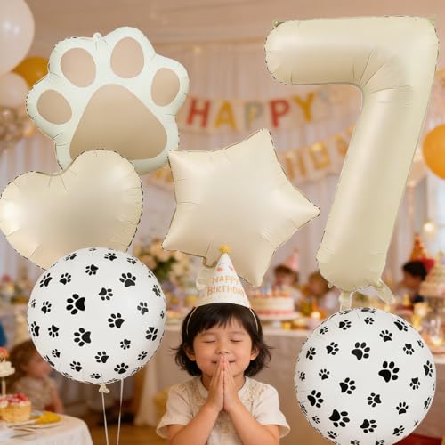 Image of 7th Birthday Dog Paw Balloons Set,18'' Paw Prints, Heart,Star,Paw Shaped Foil Balloon 40 Inch Cream Number 7 Helium balloons for Puppy Themed Third Anniversary Birthday Party Decorations Supplies 6PCS