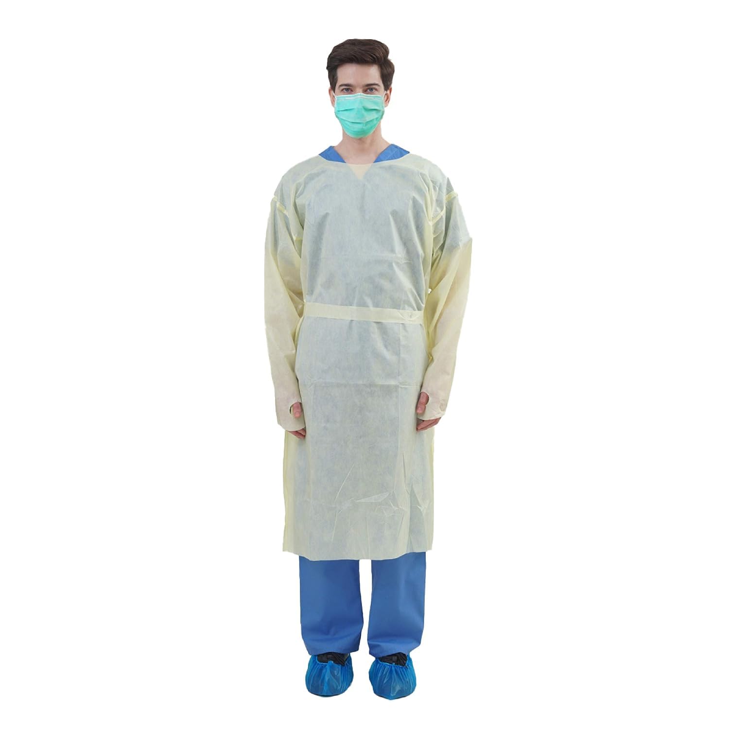 Medtecs Disposable SMMS PPE Gowns, Medical Isolation Gown, Protective Personal Iso Cover Coat, AAMI Level 2, Fluid Resistant Durable Comfortable for Unisex Adults, Thumb-up, CoverU Yellow, 10 PC