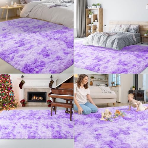 Area Rugs for Bedroom Living Room, 4x6 Soft Large Fluffy Fuzzy Shag Plush Furry Carpet, Soft Indoor Floor Mat for Kids Nursery Home Dorm Office Decor Aesthetic, Tie Dyed Purple