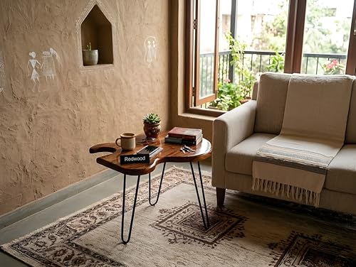 Image of REDWOOD Sheesham Wood Guitar Shape End Table with Iron Hairpin Legs | Modern Metal Accent Side Table for Living Room Bedroom | Unique Coffee Furniture Compact Space Saving Design | Brown
