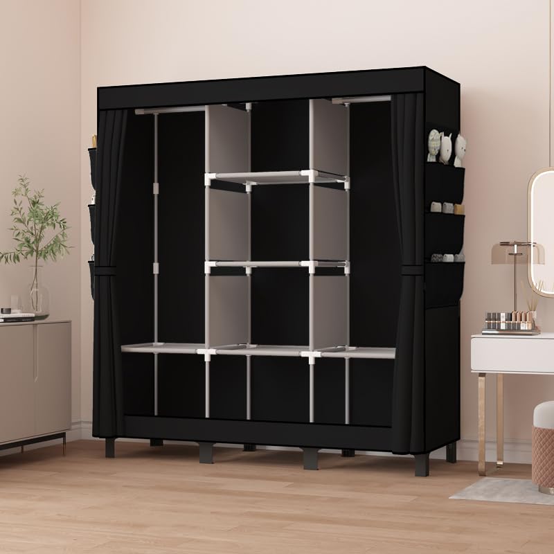 Image of Portable closet, bedroom armoire, clothes storage box, simple hanging clothes wardrobe, suitable for bedrooms, dormitories and rented houses. 51 inch W*17.7 inch D*67.7 inch H (Black)