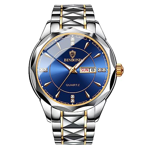 Avaner Montre Hommes en Acier INOX-Aiguilles Luminescentes-Mouvement Analogique à Quartz-Montre étanche-Montre pour Couple-Calendrier/Semaine Disponible-Bleu