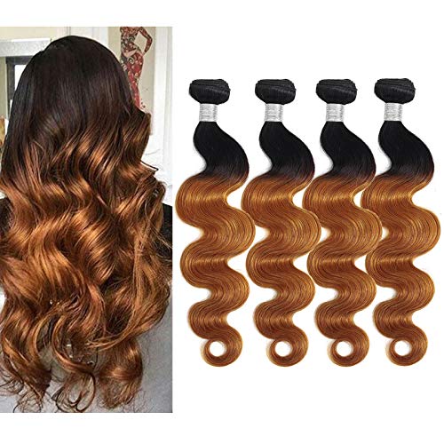 Unique Heart Body Wave Bundles Hair Extensions Brazilian Human Virgin Hair 4 Bundles(12 12 14 14 )Ombre Body Wave Bundle Weave Hair Human Bundles 10A Wet And Wavy Bundles 2 Tone T1B/30