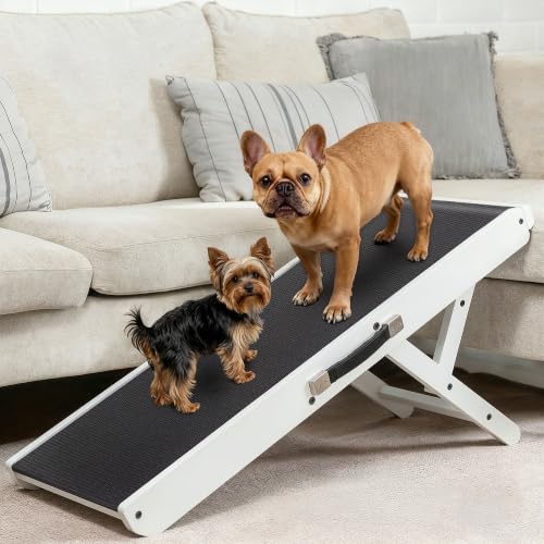 Image of Dog Ramp for Couch - Non-Slip, Sturdy Build Foldable Wooden Dog Ramp - Supports up to 200 lbs - 7 Adjustable Heights (14 inch-20.5 inch) - Enhanced Stability - Birchwood Pet Ramp for Small Dogs - White