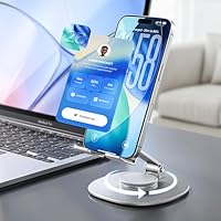 LISEN Cell Phone Stand iPhone Stand for Desk, 360° Rotation for Phone Stand Holder Portable Adjustable Phone Holder Office Accessories All Metal Silver for iPhone 17 16 15 Pro Max Air 4\"-8\" Device