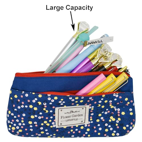 Image of Maydahui 2 PCS Flower Garden Pencil Case Large Capacity Canvas Pastoral Style Pen Pouch Holder Storage Bag Organizer Stationery Box Makeup Pouch Cosmetic Bag for Women Students Party Travel
