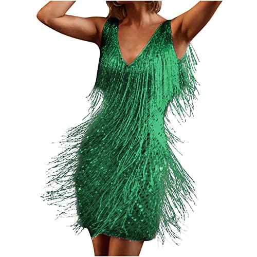 Womens Fringe Dress Spaghetti Strap Sleeveless Tassel Sling Dress Sexy V Neck Backless Cocktail Party Mini Dress