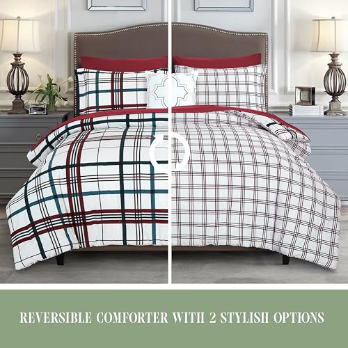 Image of Elegant Comfort 8-Piece Lodge Plaid Reversible Comforter Set - All Season Bed in a Bag, 4-Piece Sheet Set Featuring Smart Pockets, Matching Shams and Decorative Pillow, King /California King, Burgundy
