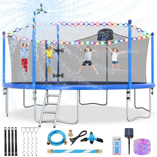 Lyromix 10 12 14 16FT Trampoline Outdoor, Light/Sprinkler/Basketball Hoop