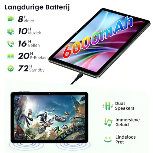 Tablet 10 Inch, Android 15 Tablet met Hoes, Octa-Core, 18GB RAM+128GB ROM+1TB Uitbreidbaar, 1280X800 HD IPS-Scherm, 5MP+8MP Dubbele Camera, 6000mAh, 5G+2,4G WiFi, BT5,0, Widevine L1, GPS, Zwart - Afbeelding 6