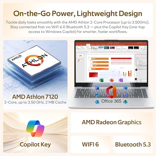 Image of HP 14 inch HD Business & Student Laptop, with Office 365 & Copilot AI, AMD Athlon 7120, 4GB RAM, 1.12TB Storage (128GB UFS + 1TB Docking Station Set), Radeon Graphics, Wi-Fi 6, Windows 11, Moonlight Blue