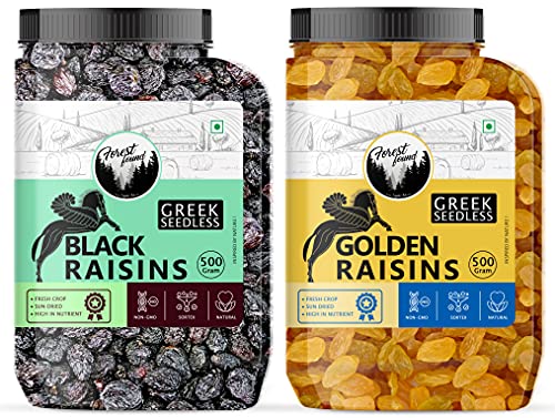 Image of Forest Found Greek Seedless Raisins Combo (500g Black + 500g Golden) 1kg | Kishmish Iron-Rich Sun-Dried Grapes for Soaking & Health Sweet | Natural Immunity Support | No Added Sugar (Pack of 2)